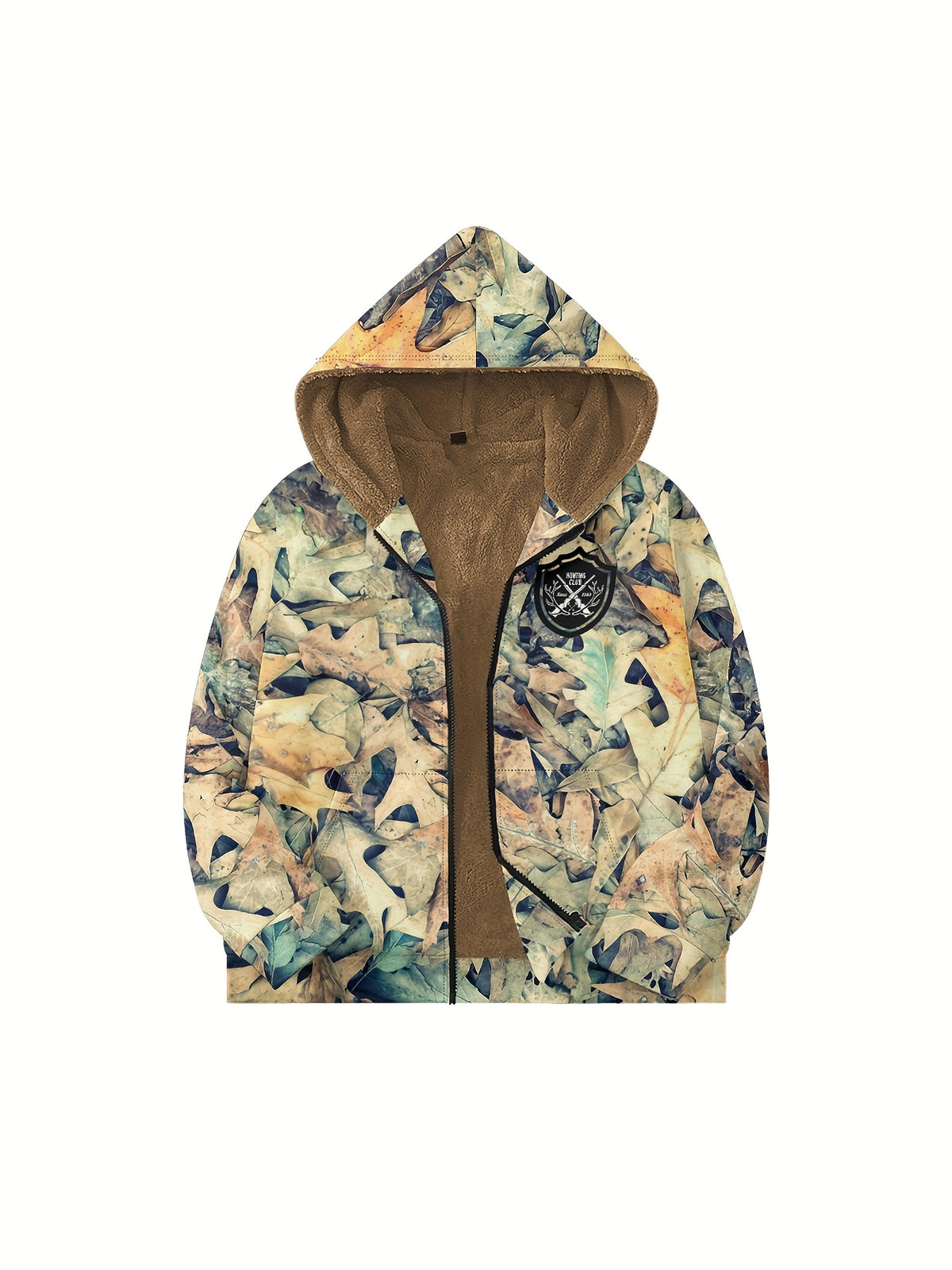 Men'S Autumn Winter Leaf Print Casual Matching Fleece Lined Zip-Up sweatshirt, Hunting