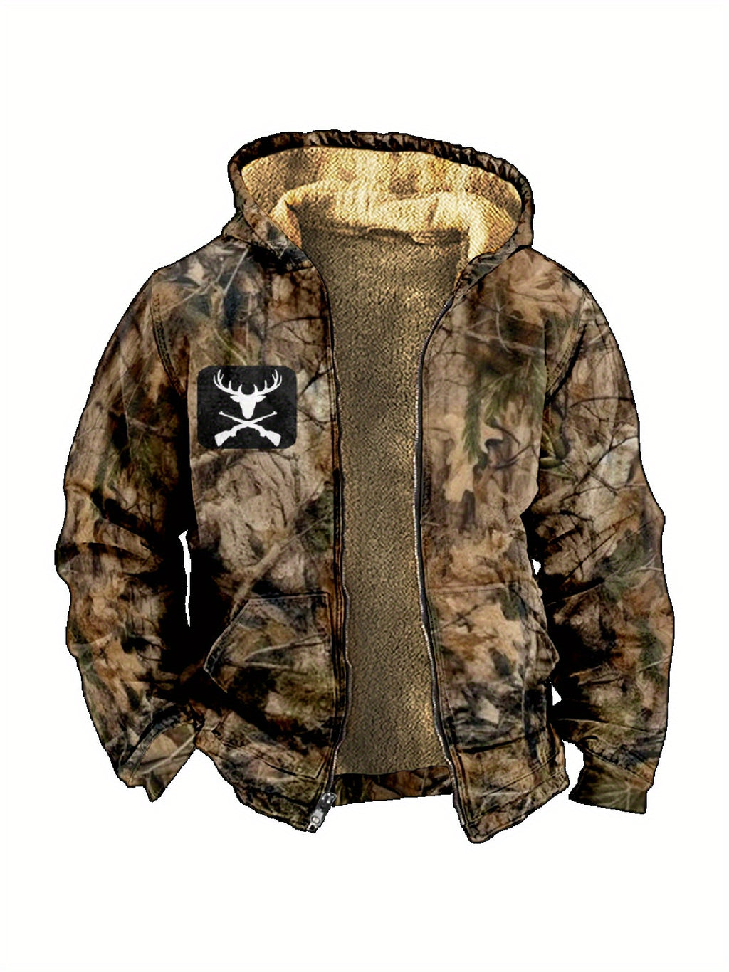 Men'S Autumn Winter Leaf Print Casual Matching Fleece Lined Zip-Up sweatshirt, Hunting