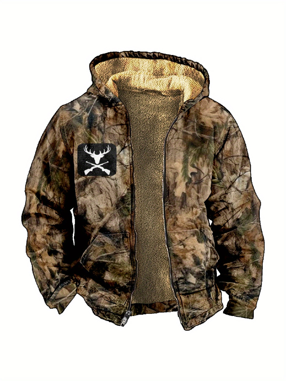 Men'S Autumn Winter Leaf Print Casual Matching Fleece Lined Zip-Up sweatshirt, Hunting