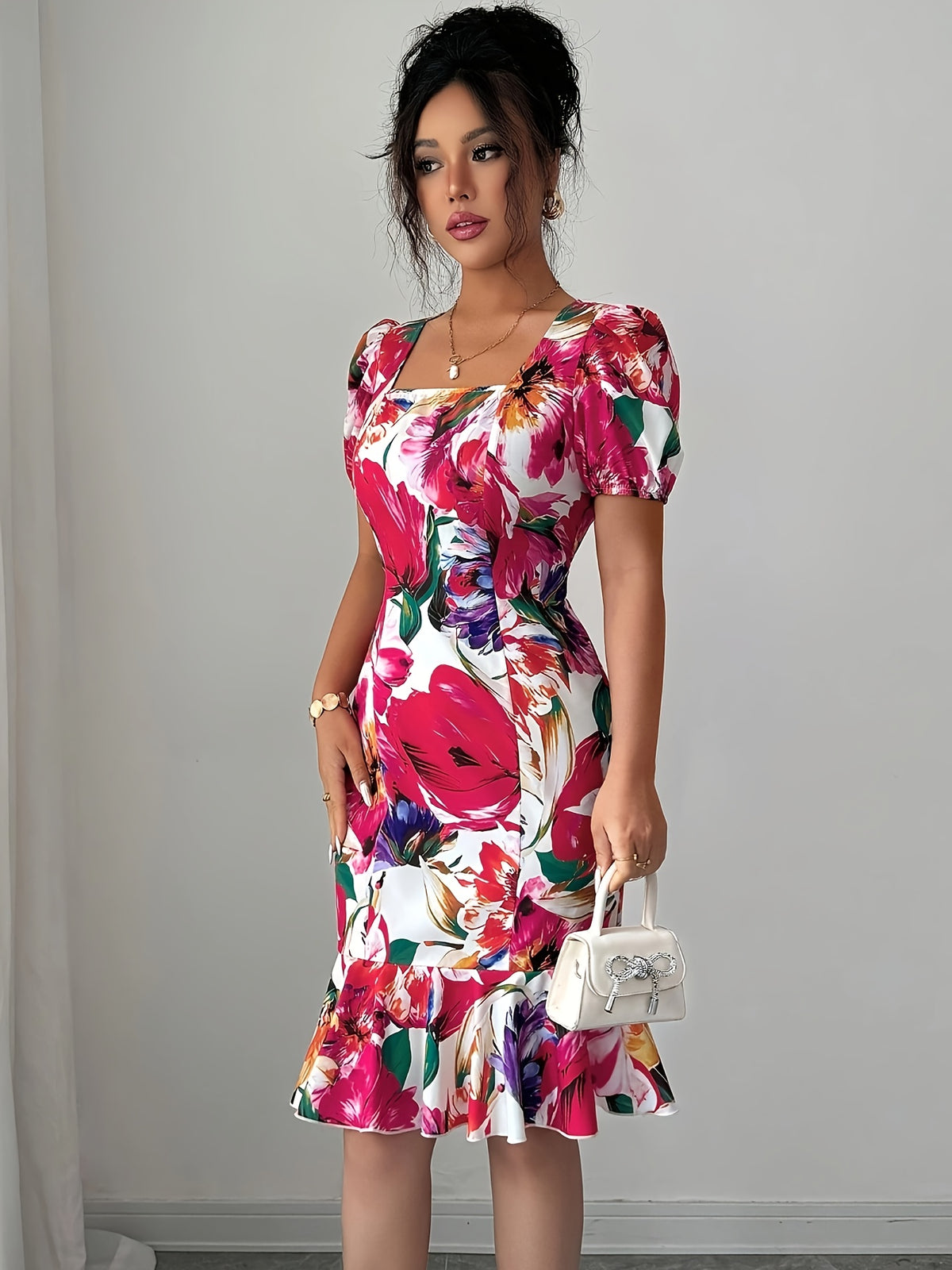 Elegant Square Neck Puff Sleeve Cinched Waist Ruffled Retro Vacation Floral Dress