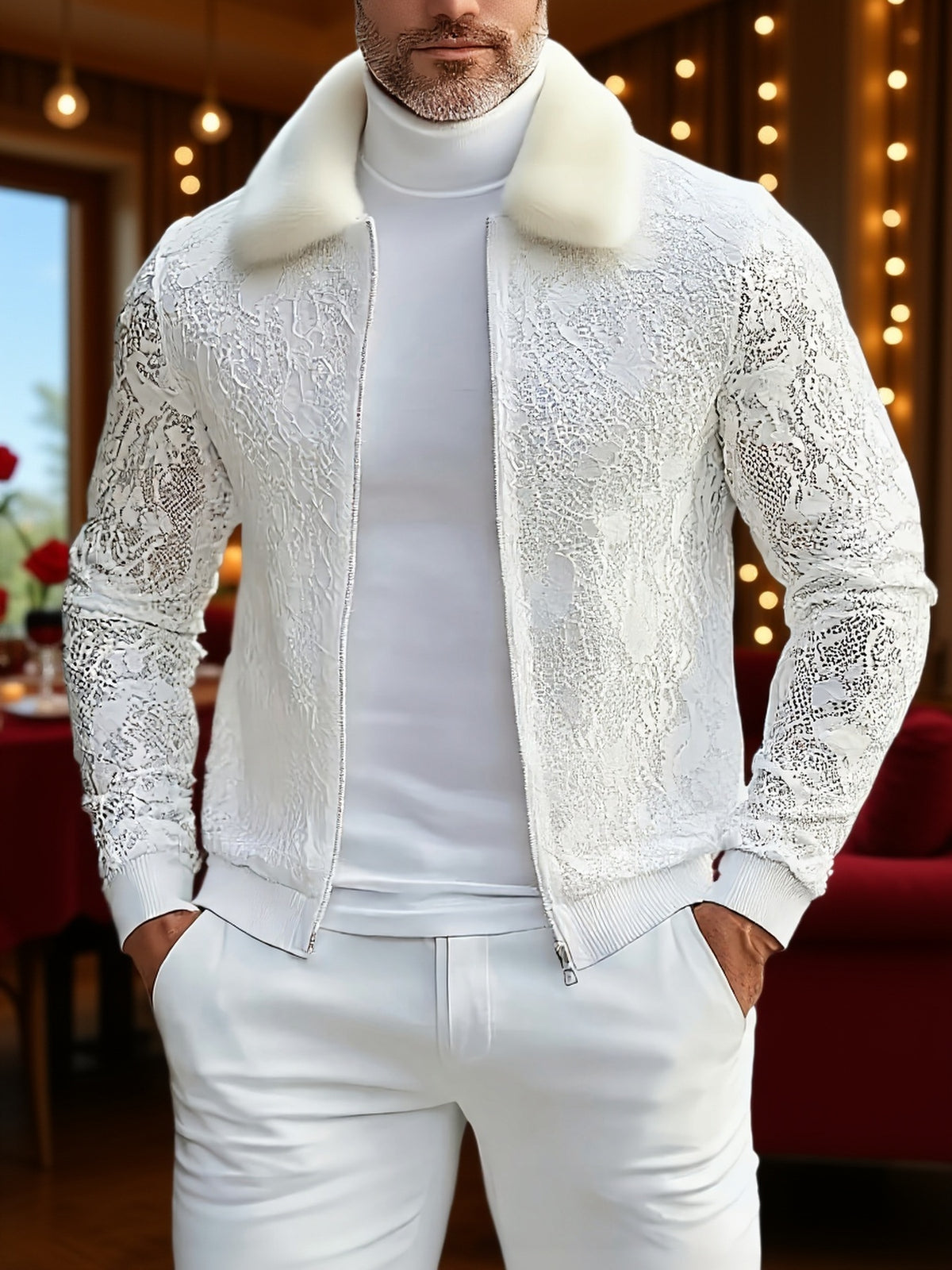 [Men's Lace Jacket] Furry Men's Zip Up Jacket | Lace Long Sleeve Turndown Collar