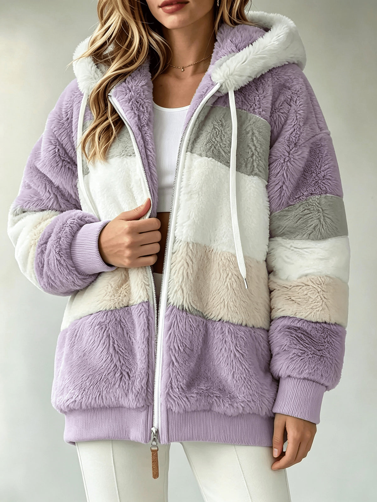 Women's Coats, Women's Color-block Striped Hooded Zip Teddy Coat, Loose Outerwear Made Of Fluffy Faux with Multi-tone Splicing, Drawstring Hood with Pockets, Warm Plush Coat for Winter