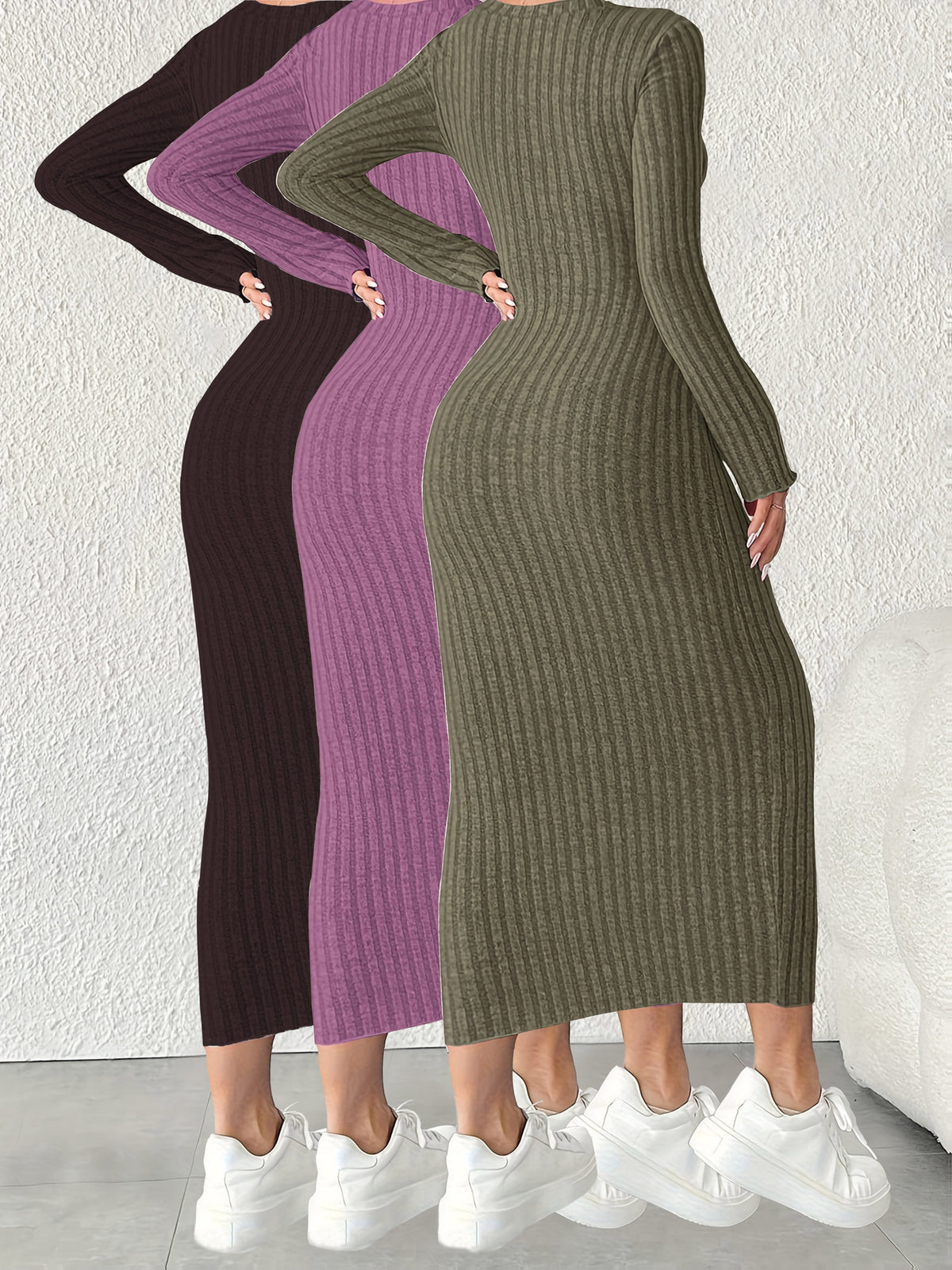 3pcs Solid Color Long Sleeve Ribbed Pullover Dress for Women