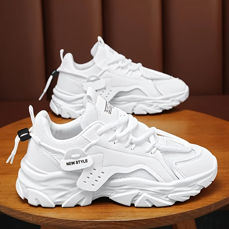 Thick-Soled Pure White Air Men's Shoes, Black Sports Casual Men's Fashion Shoes, Avant-Garde Men's Sneakers - Casual Sports, Breathable Mesh Fabric, Anti-Slip PVC Sole, Lace-Up, Suitable for All Seasons