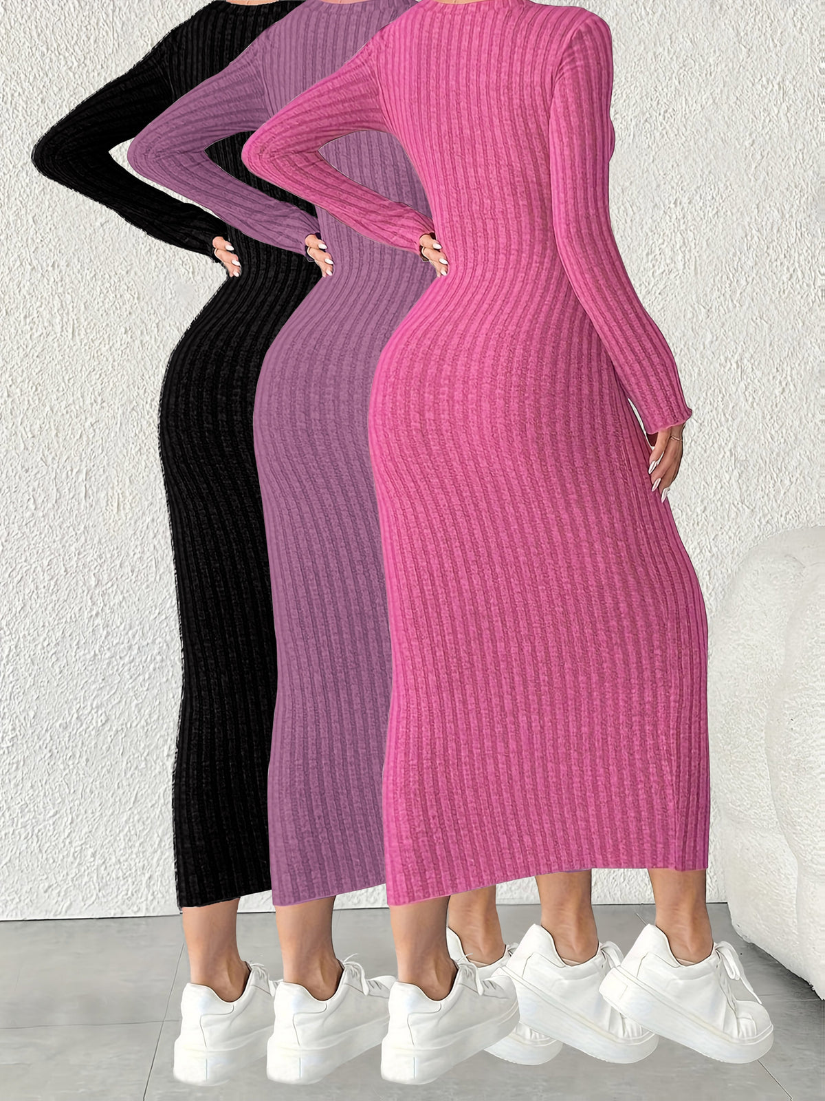 3pcs Solid Color Long Sleeve Ribbed Pullover Dress for Women