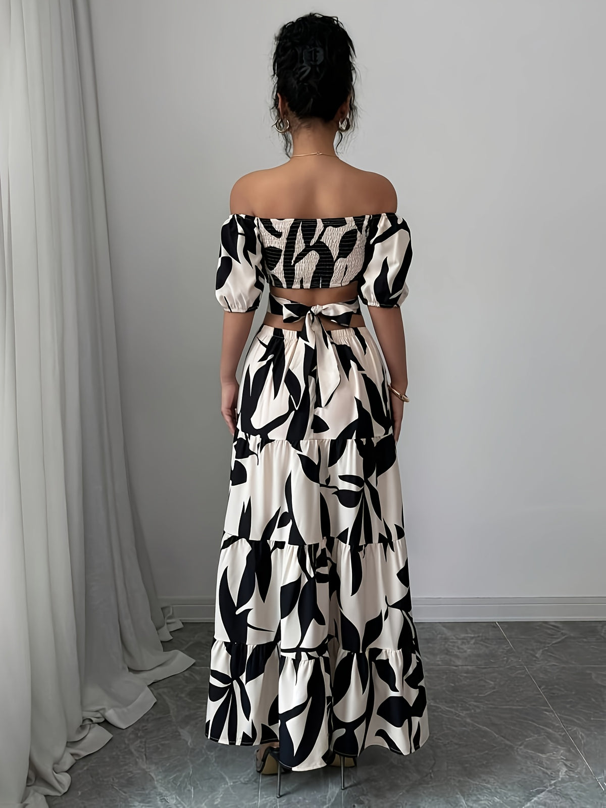 Women'S Off-Shoulder Floral Print Maxi Dress with Belt - Elegant Asymmetrical Hem, Sleeveless Vacation Dress in Black & White Floral Pattern, Lightweight Polyester for Summer Getaways, Cute Summer Dresses