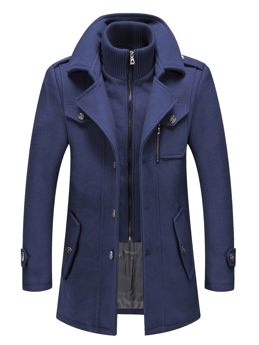 Men's Stand Collar Fleece Blend Pea Coats with Removable Inner Collar Single Breasted Overcoat