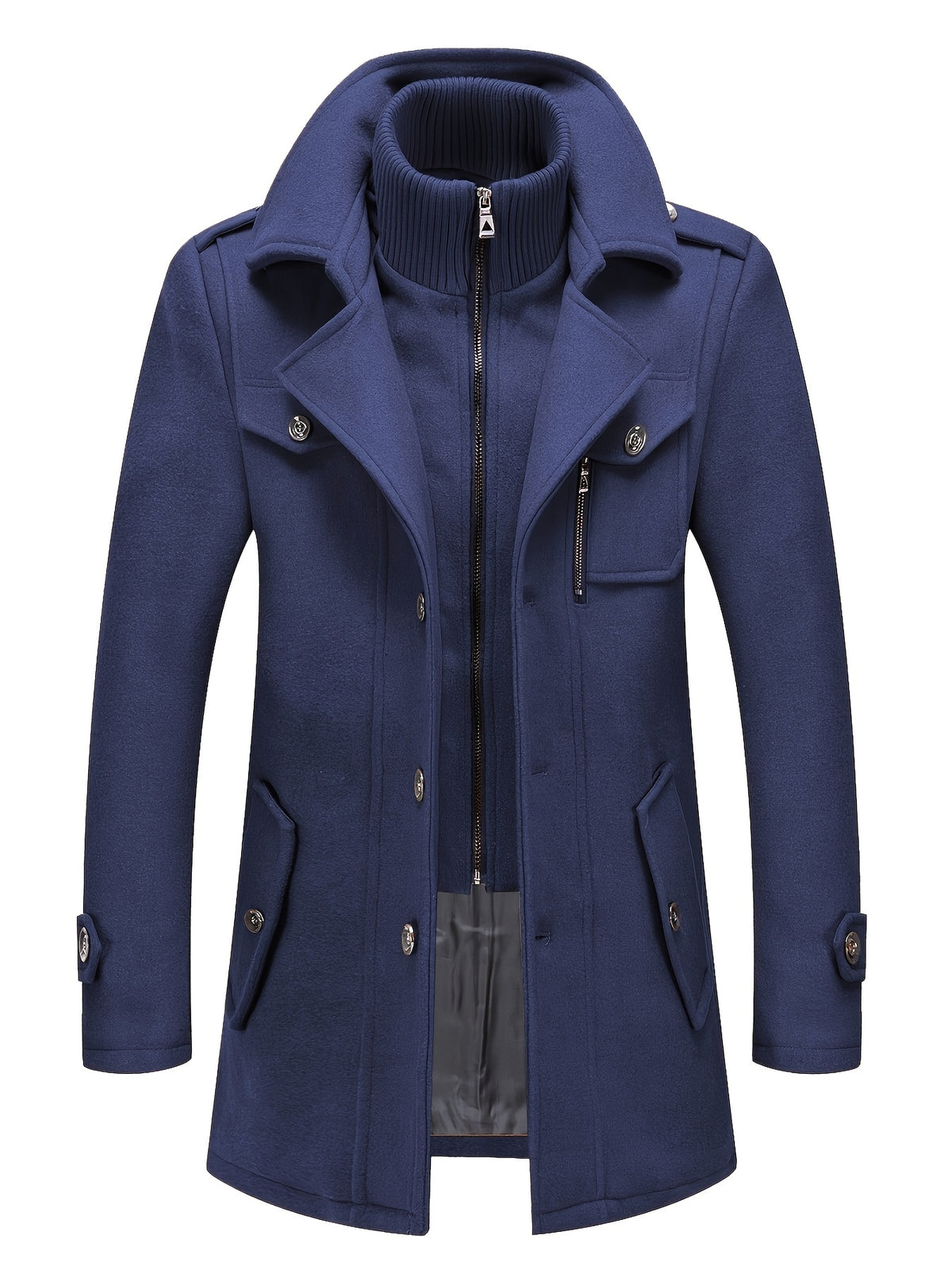 Men's Stand Collar Fleece Blend Pea Coats with Removable Inner Collar Single Breasted Overcoat