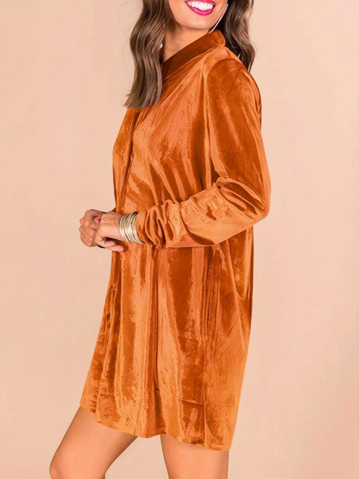 Women's Elegant Lapel Collar Button- Dress - Mini Length Long Sleeve Solid Color Tunic Top Dress Suitable for Parties, Office & Semi-Formal Events