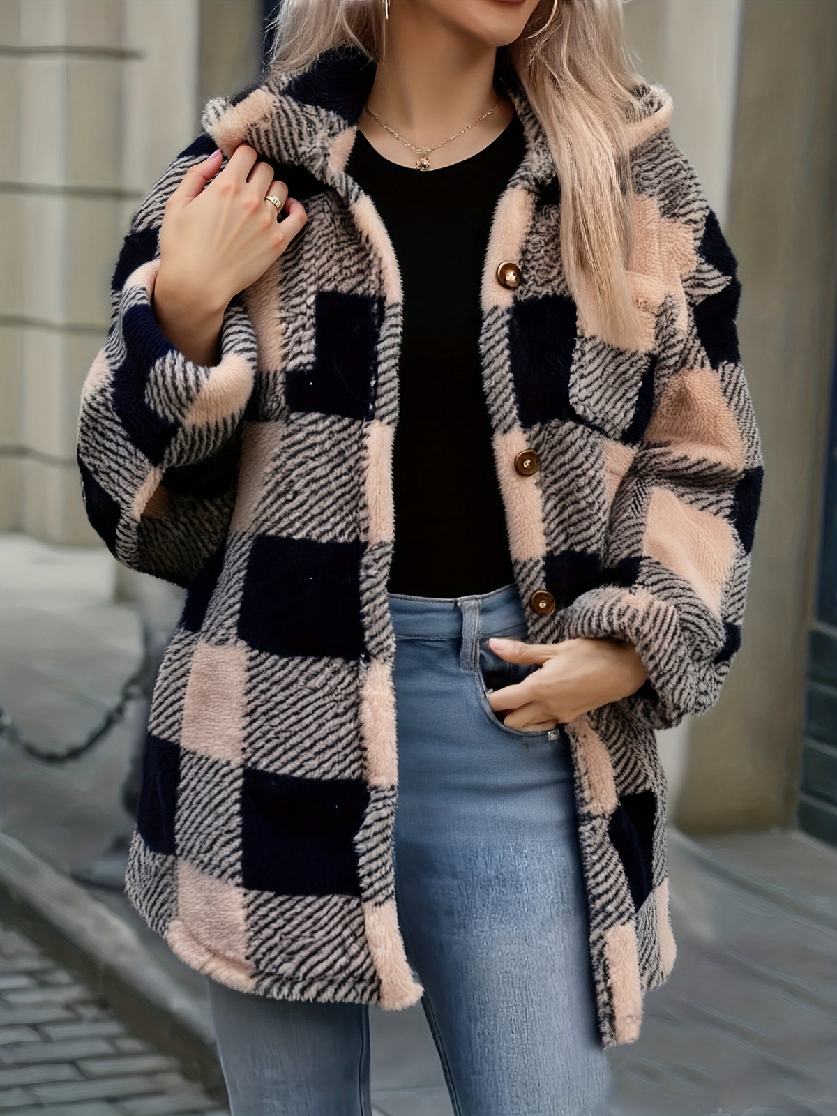 New Cross-Border Fashionable Casual Plaid Plush Jacket for Women