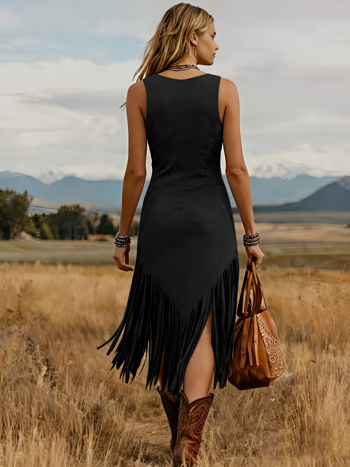 [Retro Western Dress] Fashion Retro Western Style Deerskin Velvet Tassel V-Neck Dress Women's Dress YTD Cherry