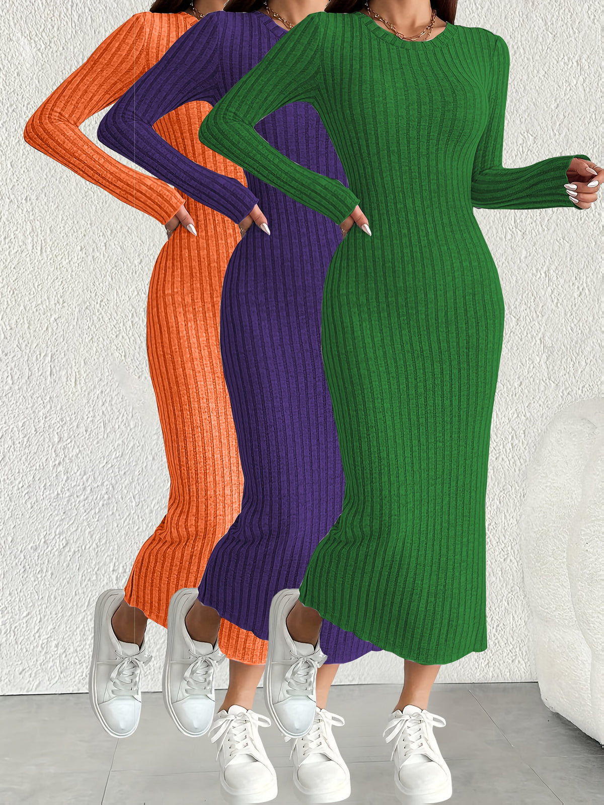 3pcs Solid Color Long Sleeve Ribbed Pullover Dress for Women