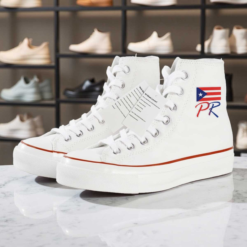 New Arrival with Puerto Rico Flag Print HighTop Canvas Shoe Lace up Non Slip Sports Shoes Non Slip Canvas Shoes Elevator Shoes Non Slip Fashion Sports Flat Shoes Trend Korean Version Recreational Sports for Men and Women Stylish Prints