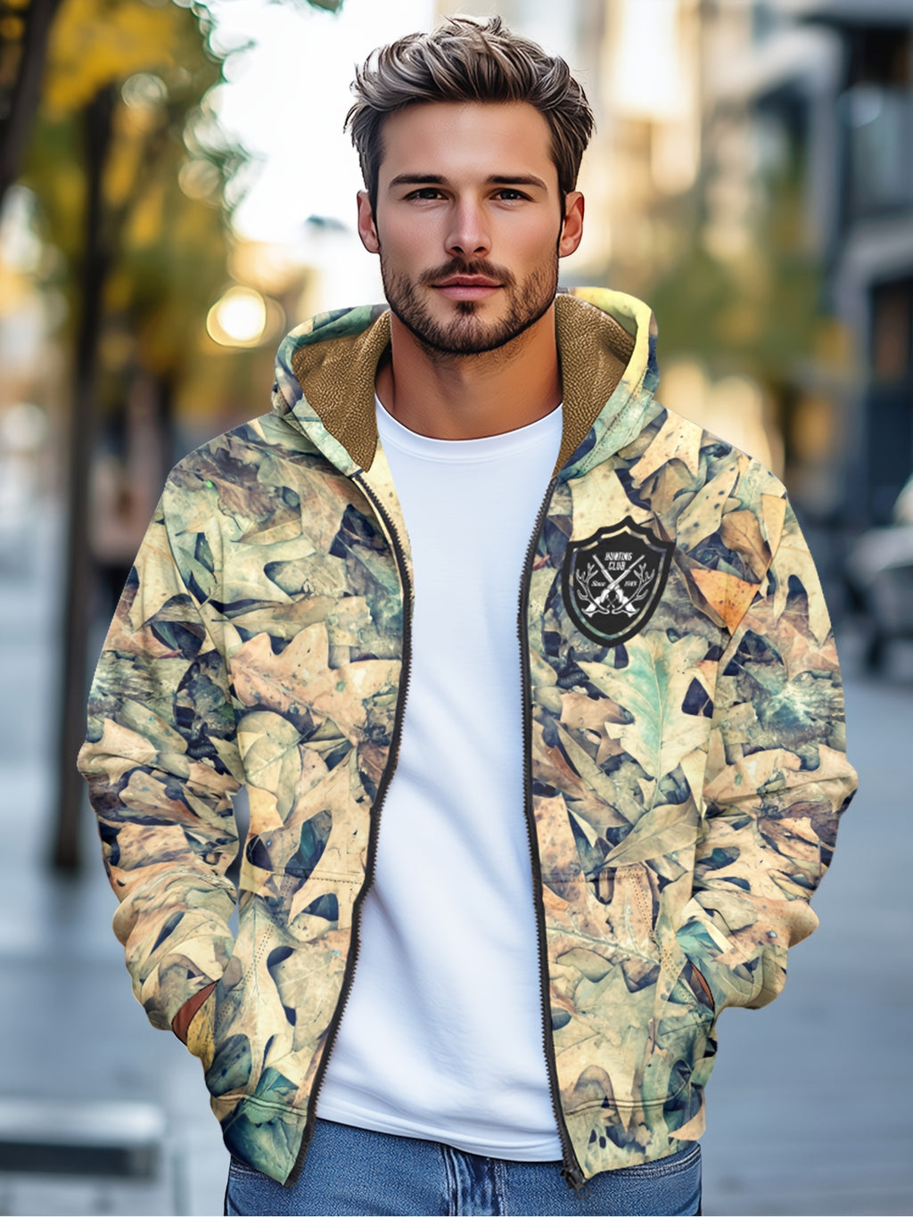 Men'S Autumn Winter Leaf Print Casual Matching Fleece Lined Zip-Up sweatshirt, Hunting