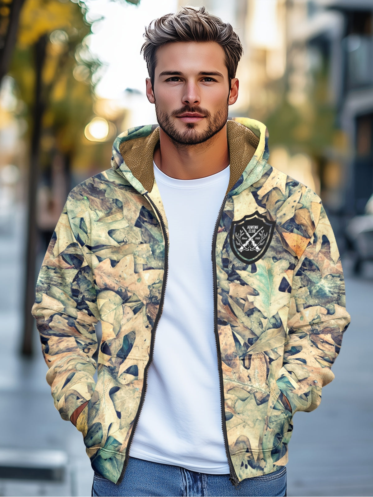 Men'S Autumn Winter Leaf Print Casual Matching Fleece Lined Zip-Up sweatshirt, Hunting