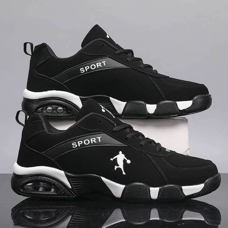 Men's Casual Sneakers, Stylish and Lightweight Road Running Shoes with Air Cushion - Featuring Breathable Mesh and PU Uppers, Geometric Design, Lace-up Closure, Available in Black and White, Specifically Designed for Outdoor Running