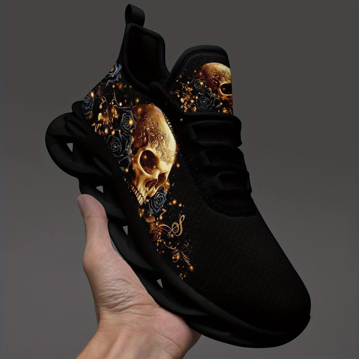 Plus Size Men's Low Top Skull Design Sneakers, Gothic Streetwear Lace-Up Shoes, Trendy Men's Fashion Footwear, Casual Comfortable Walking Trainers for All Seasons