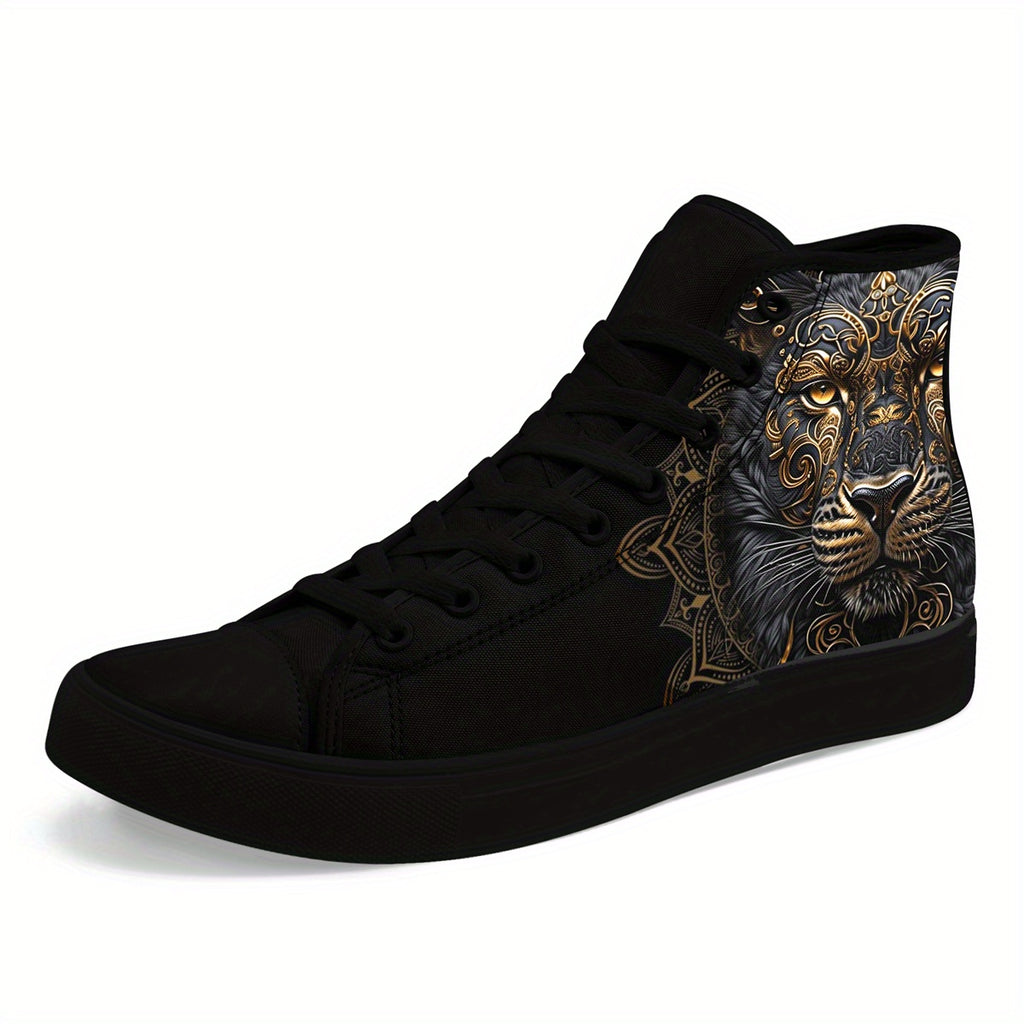 Men'S High Top Sneakers with Golden Lion Mandala Design, Street Style Shoes for Casual Wear, Walking And Urban Fashion, Comfortable Stylish Durable Couple Shoes, Perfect Gift for Fashion Lovers