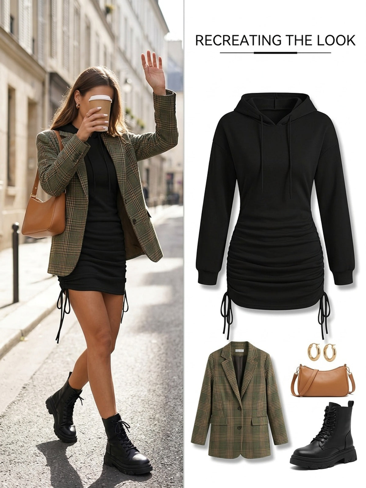 Youduomi Women's Vintage-Style European/American V-Neck Hooded Long-Sleeve Dress, Spicy Spring/Autumn Outerwear, Drawstring Gathered Waist, Slim-Fitting, Hip-Hugging Mini Dress Q148