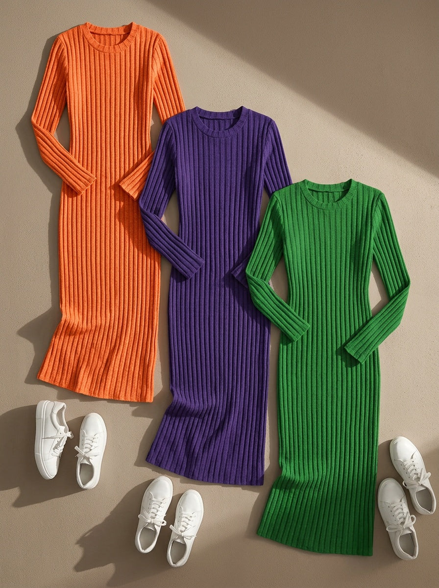 3pcs Solid Color Long Sleeve Ribbed Pullover Dress for Women