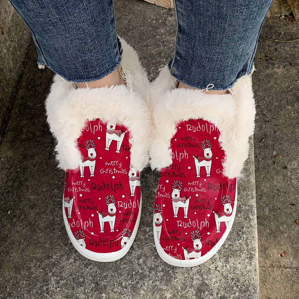 Christmas Autumn/Winter New Red Faux Fur Boots for Men and Women, Classic Style with Christmas Snowflake and Reindeer Gift Print, Warm, Comfortable, Lightweight, Soft-Sole Slip-On Flat Casual Shoes