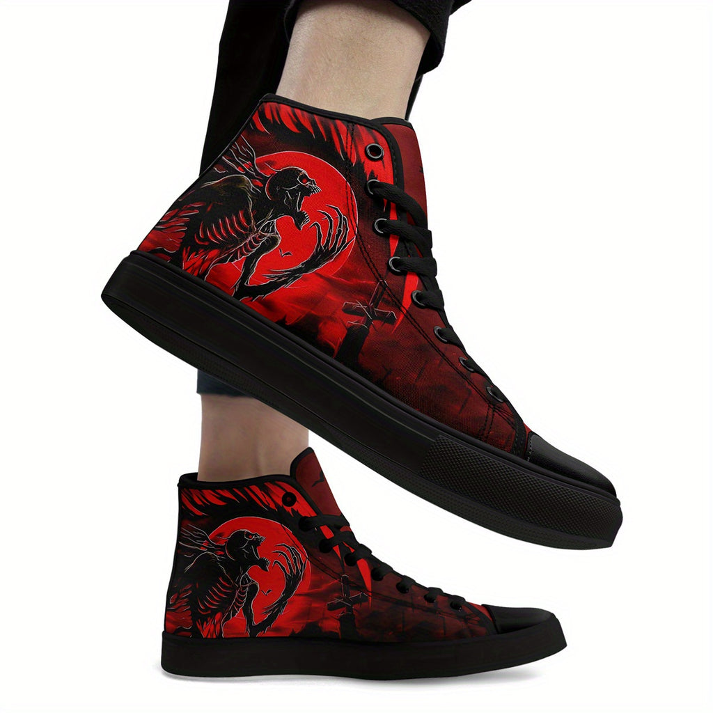 Men's Gothic High-Top Sneakers, Gothic Skull Design Streetwear Shoes, Casual Fashion Lace-Up Trainers, Men's Punk Trendy Shoes