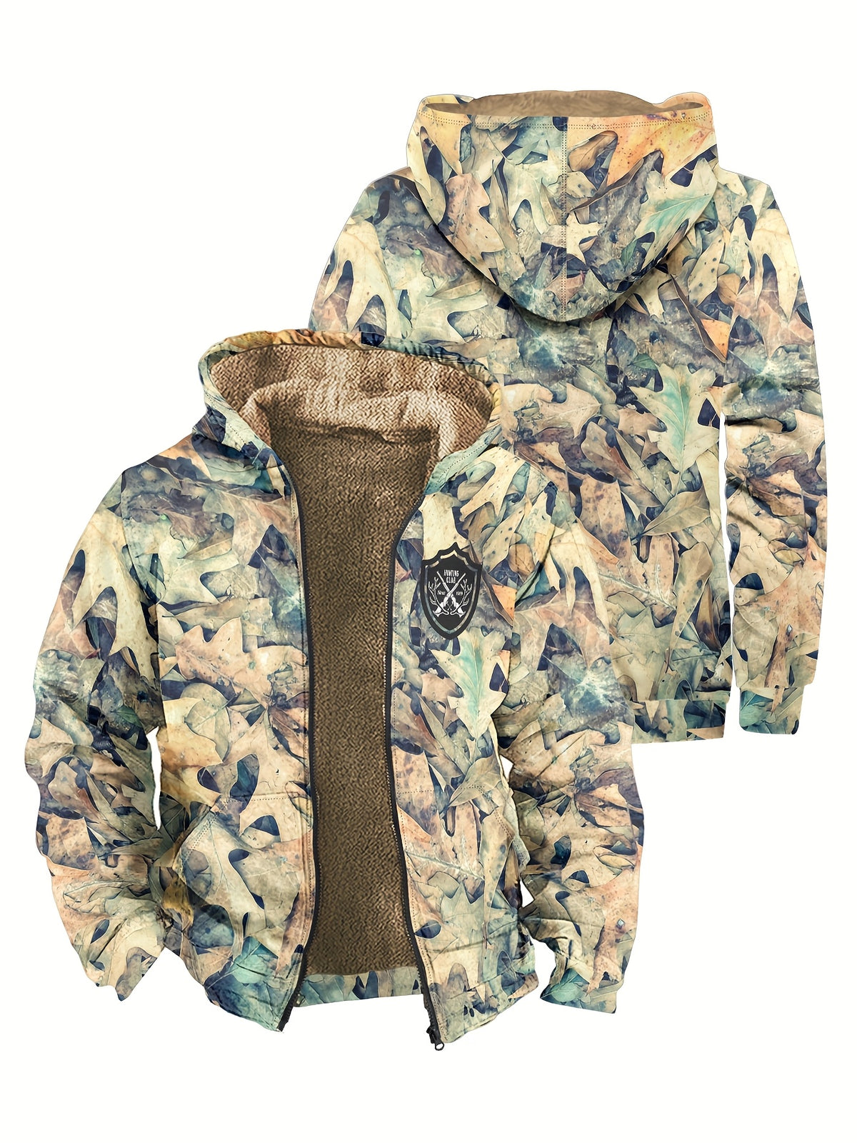 Men'S Autumn Winter Leaf Print Casual Matching Fleece Lined Zip-Up sweatshirt, Hunting