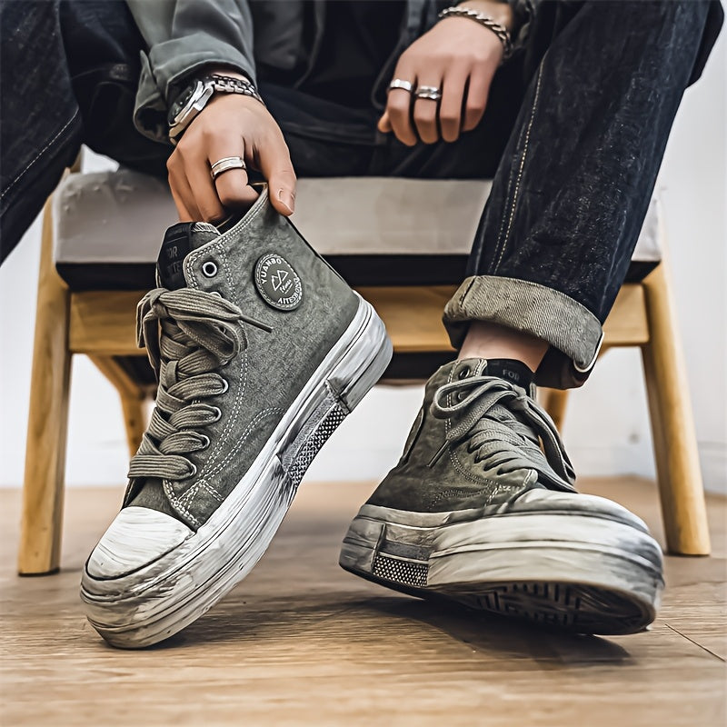 Mid-Top Canvas Shoes Men'S Versatile Athletic Casual Cloth Shoes Men'S High-Top Skateboard Shoes Vintage Distressed Dirty Shoes
