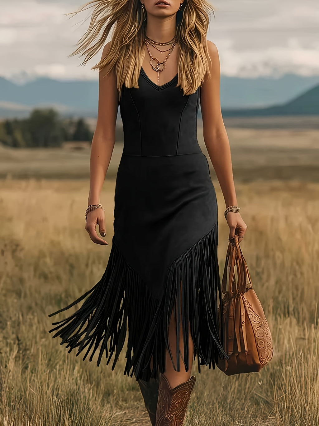 [Retro Western Dress] Fashion Retro Western Style Deerskin Velvet Tassel V-Neck Dress Women's Dress YTD Cherry