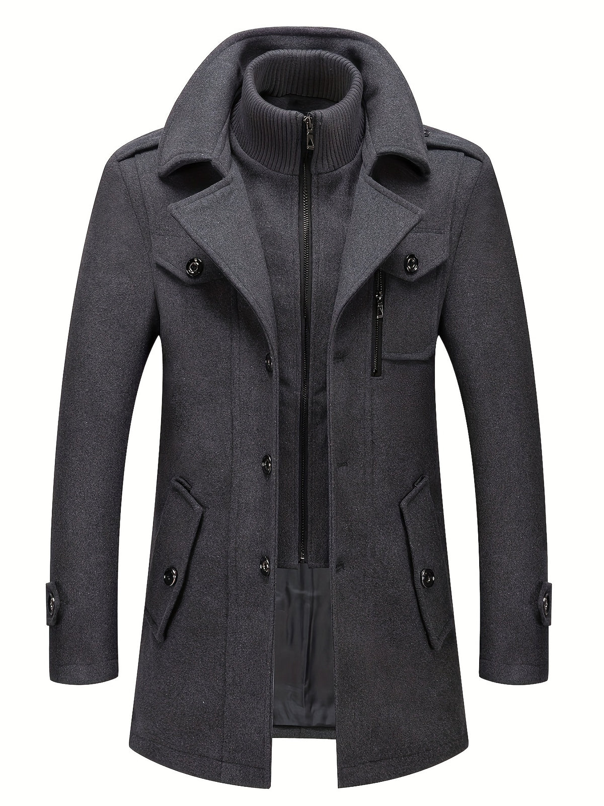 Men's Stand Collar Fleece Blend Pea Coats with Removable Inner Collar Single Breasted Overcoat
