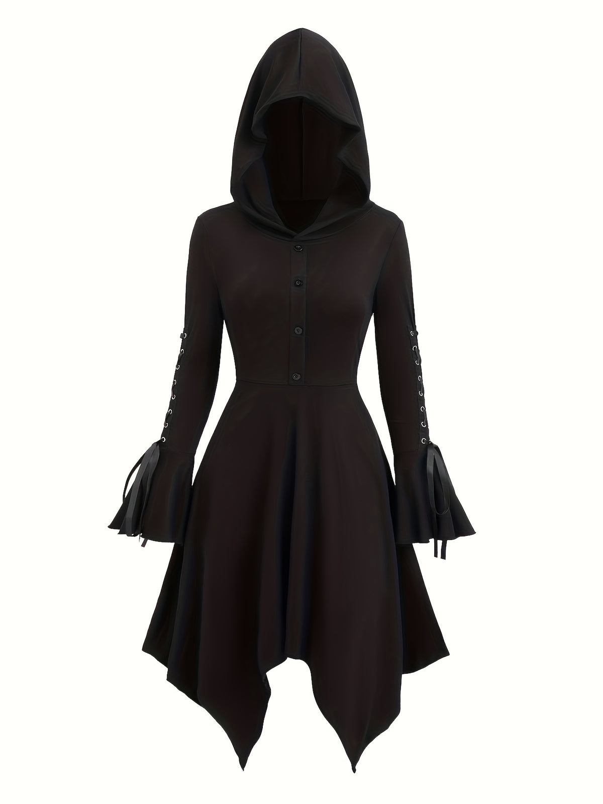 Long-Sleeve Dress with Hood • Square Bottom • Flared Sleeves with Ties