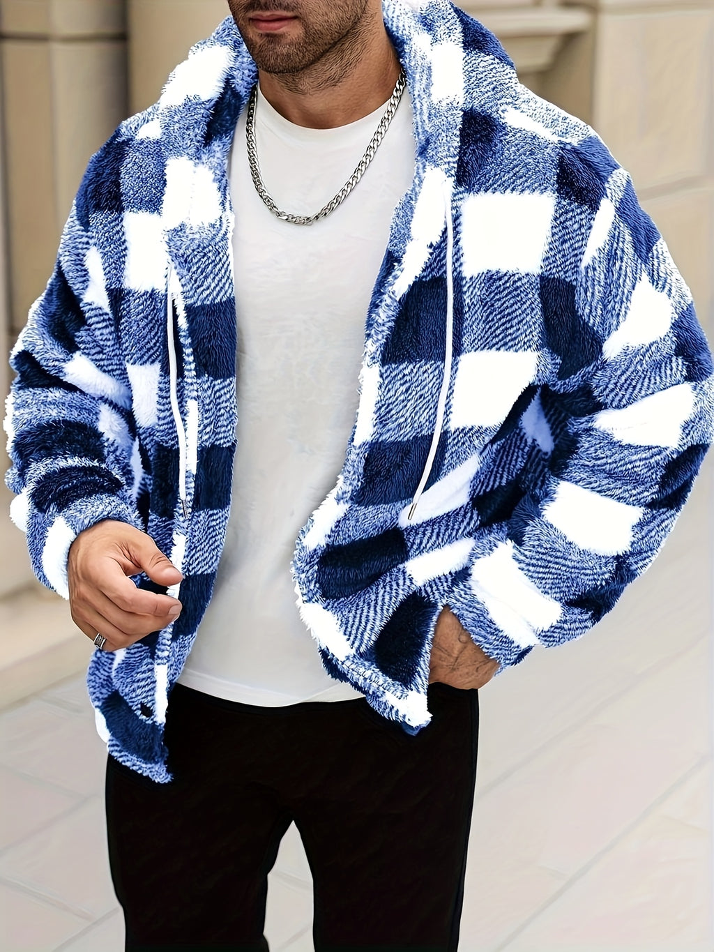 Men's Plaid Print Thermal Lined Hooded Long-Sleeve Casual Short Top, Autumn/Winter Flannel Short Top for Outings, a Gift for Friends, Husbands, or Boyfriends