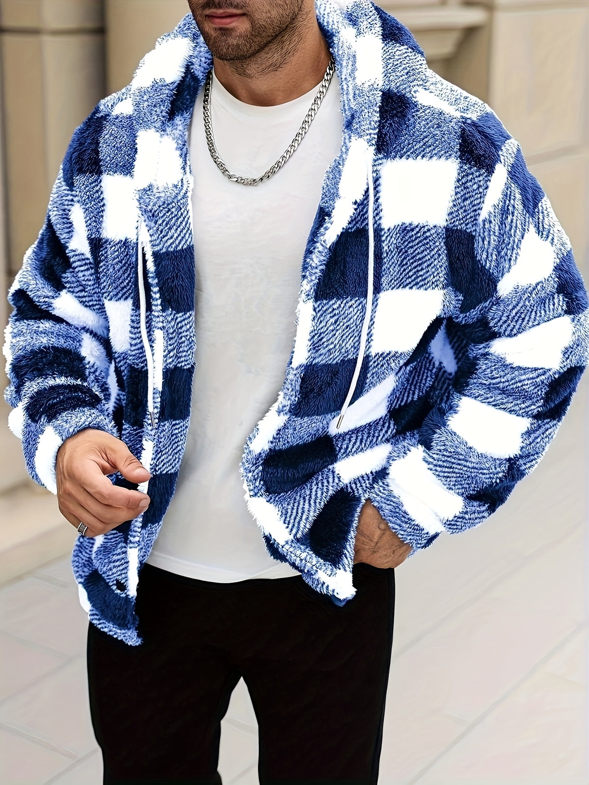 Men's Plaid Print Thermal Lined Hooded Long-Sleeve Casual Short Top, Autumn/Winter Flannel Short Top for Outings, a Gift for Friends, Husbands, or Boyfriends