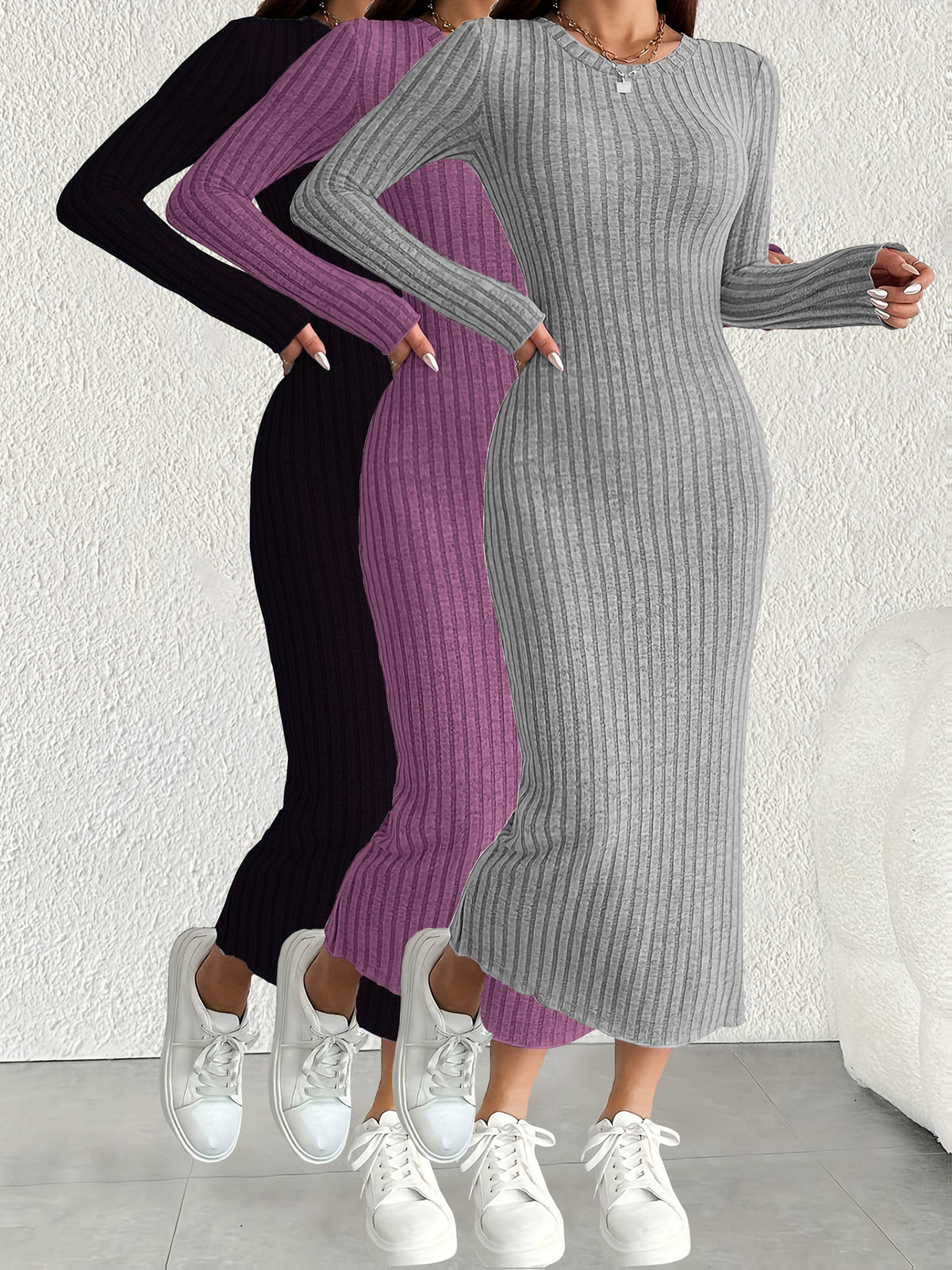 3pcs Solid Color Long Sleeve Ribbed Pullover Dress for Women