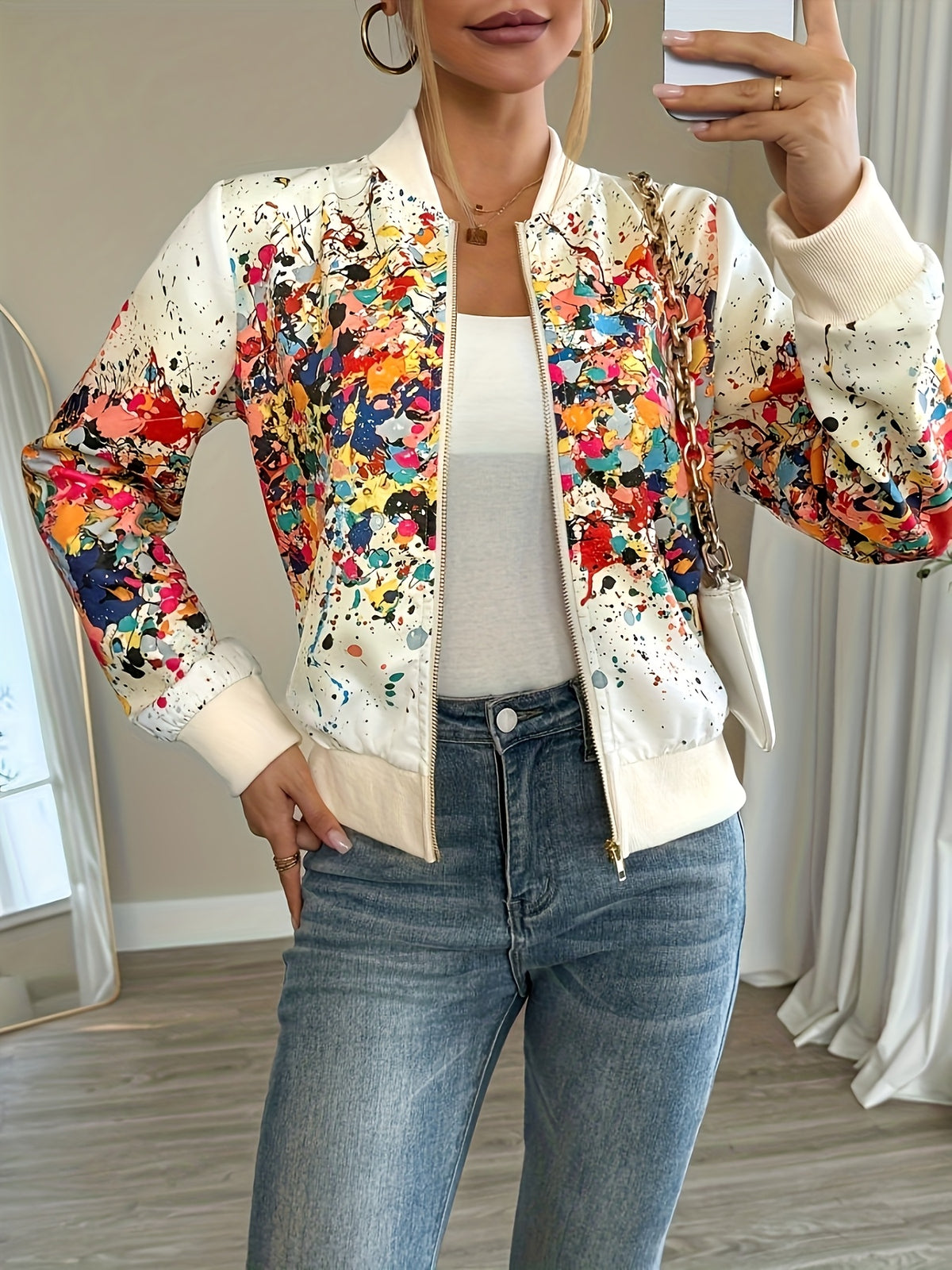 Women'S Lightweight Casual Jacket - Vibrant Tie-Dye Print, Stand Collar, Zip-Up, Long Sleeve, Perfect for Spring/Fall, Spring Jacket | Vibrant Print Jacket | Zippered Jacket