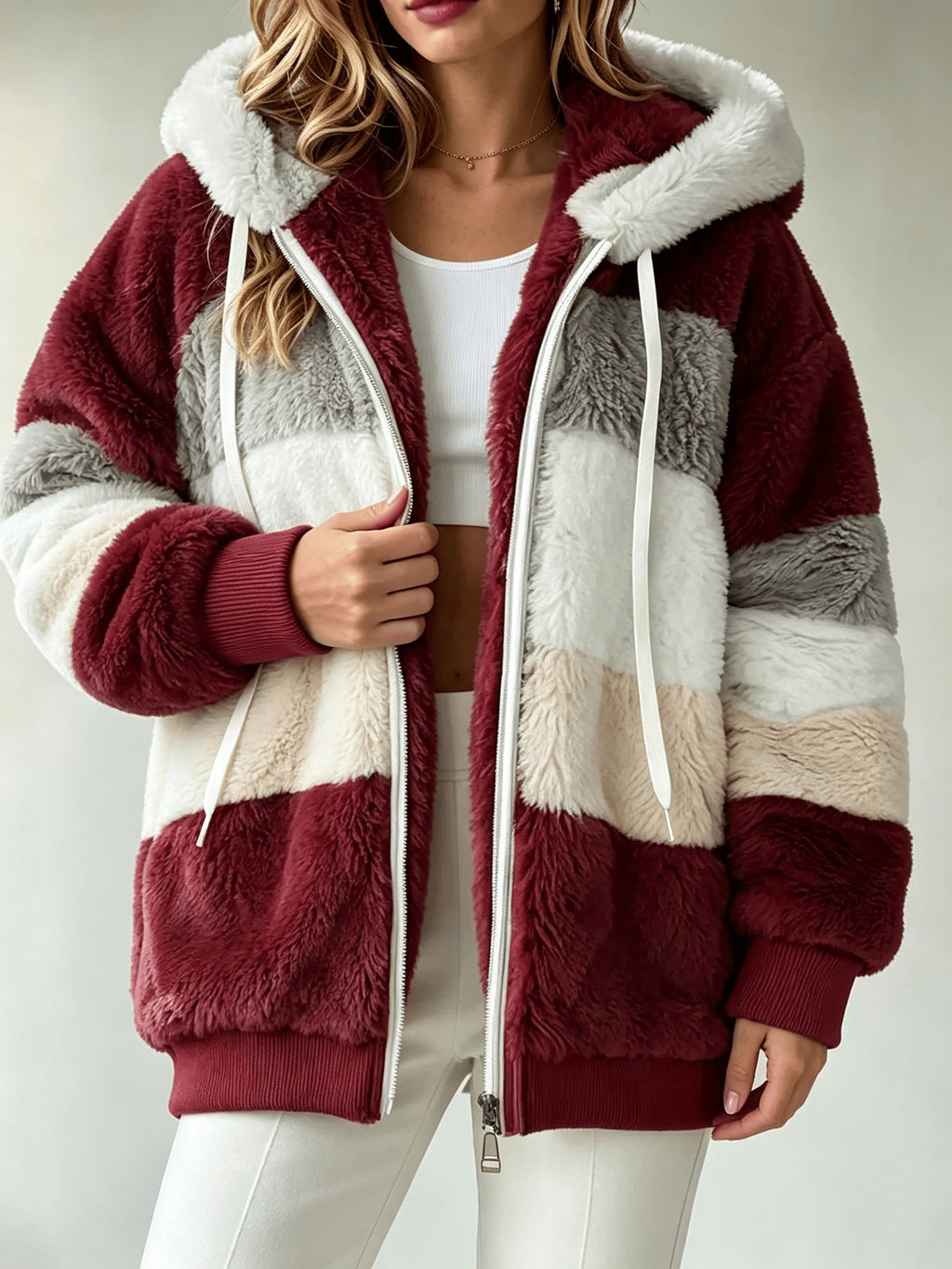 Women's Coats, Women's Color-block Striped Hooded Zip Teddy Coat, Loose Outerwear Made Of Fluffy Faux with Multi-tone Splicing, Drawstring Hood with Pockets, Warm Plush Coat for Winter