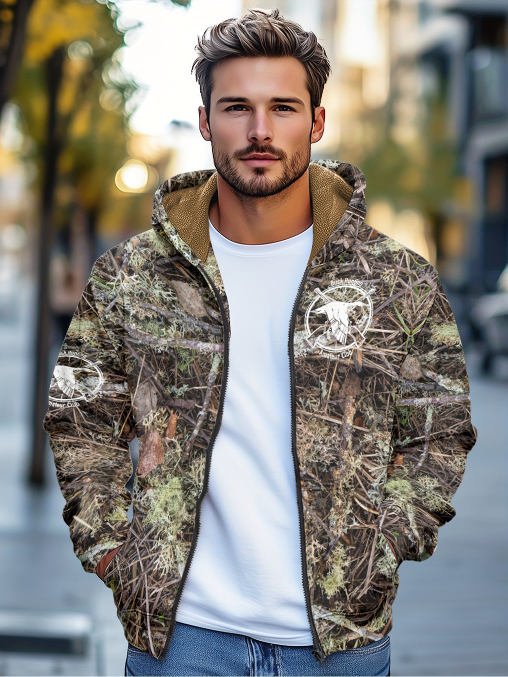 Men'S Autumn Winter Leaf Print Casual Matching Fleece Lined Zip-Up sweatshirt, Hunting