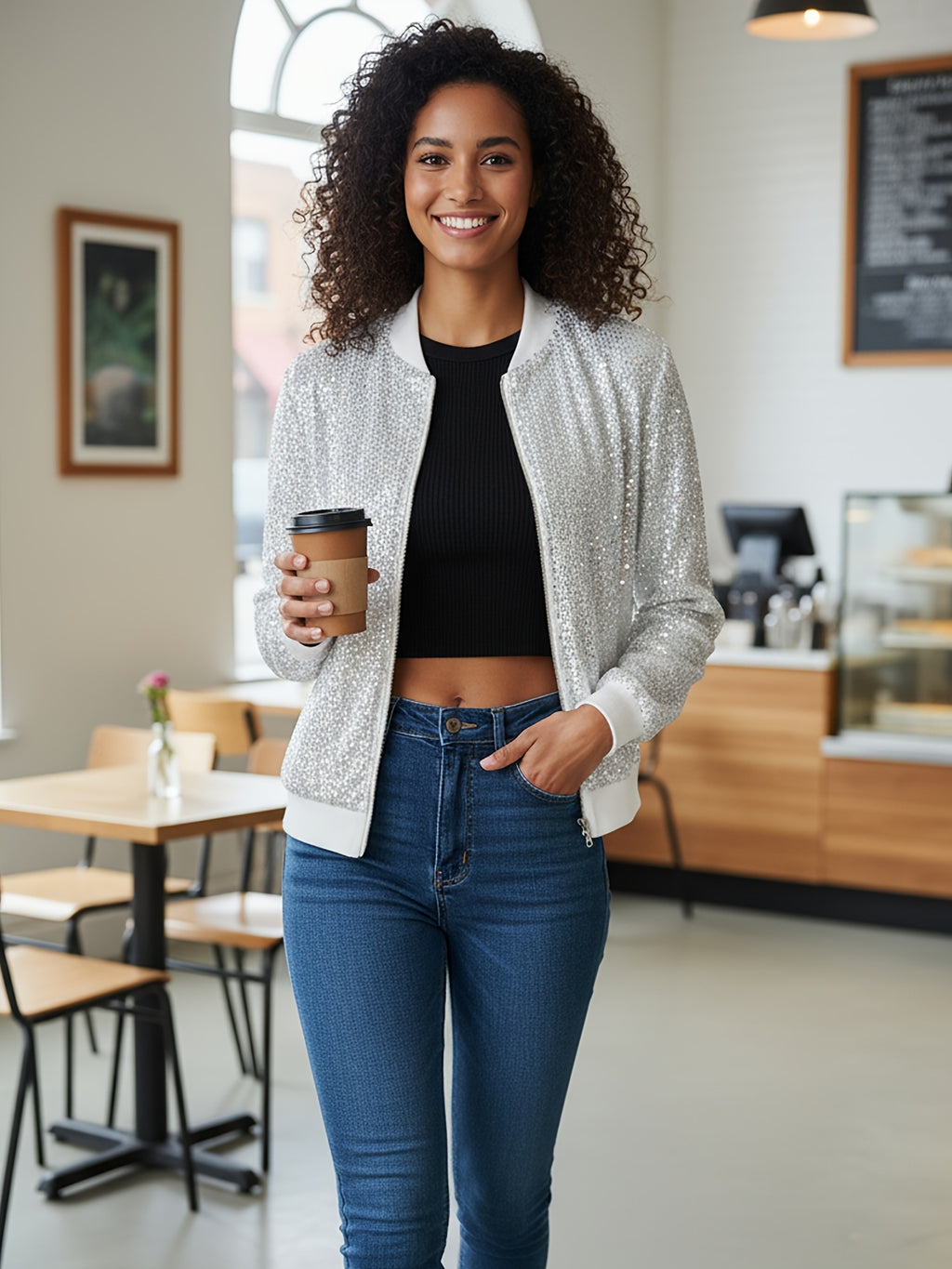 Elegant Sequin-Adorned Jacket for Women - Chic Zip-Up Bomber Style with Baseball Collar, Long Sleeves, and Colorful Dot Pattern - Perfect for Spring/Fall, Non-Stretch Polyester Fabric