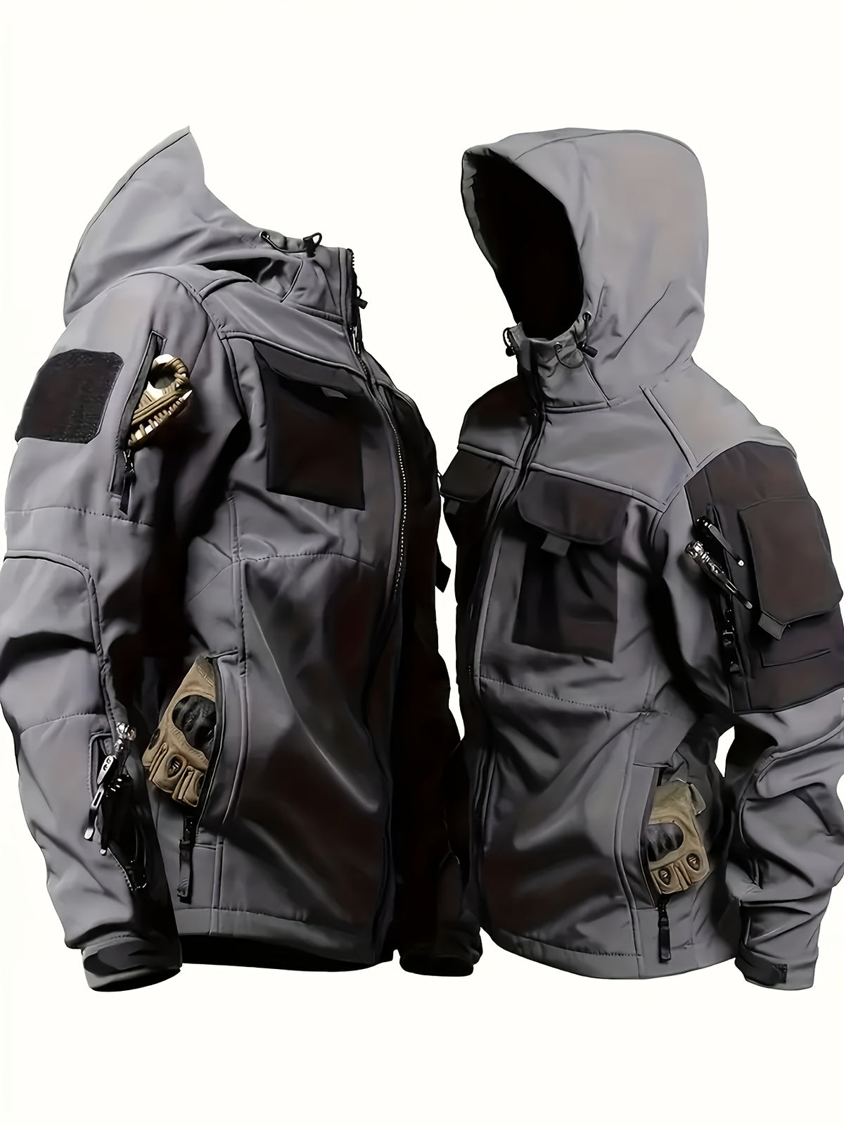 Winter Shark Skin Softshell Hooded Jacket Multi-pocket Tactical Windbreaker for Outdoor Adventures -lined Thermal Fabric Ideal for Snowy Weather and Hiking ExcursionsWinter Shark Skin Softshell Hooded Jacket Multi-pocket Tactical Windbreaker Fo