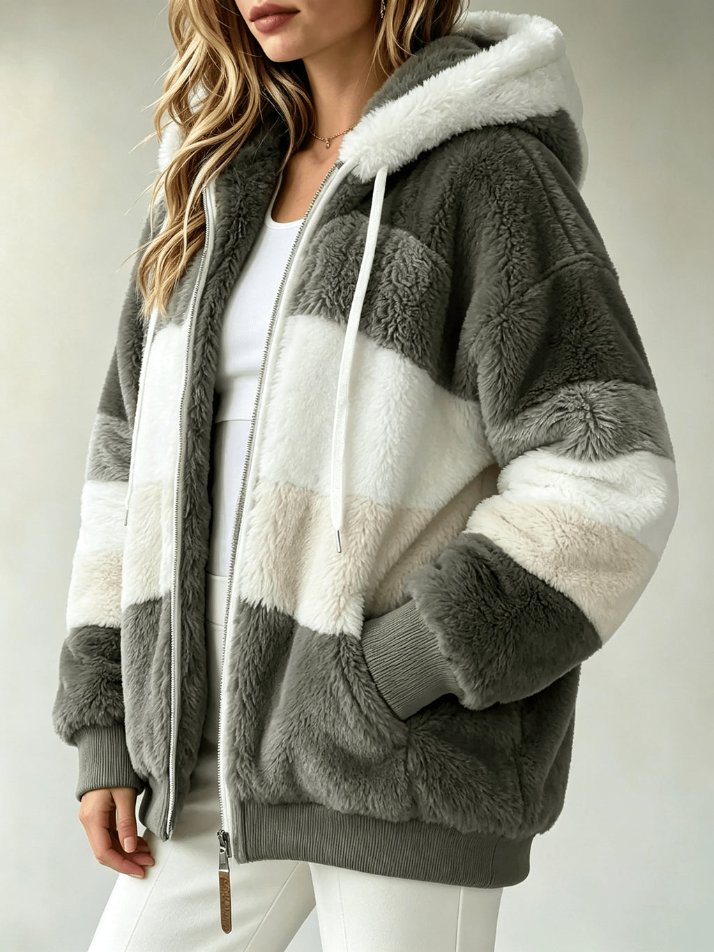 Women's Coats, Women's Color-block Striped Hooded Zip Teddy Coat, Loose Outerwear Made Of Fluffy Faux with Multi-tone Splicing, Drawstring Hood with Pockets, Warm Plush Coat for Winter