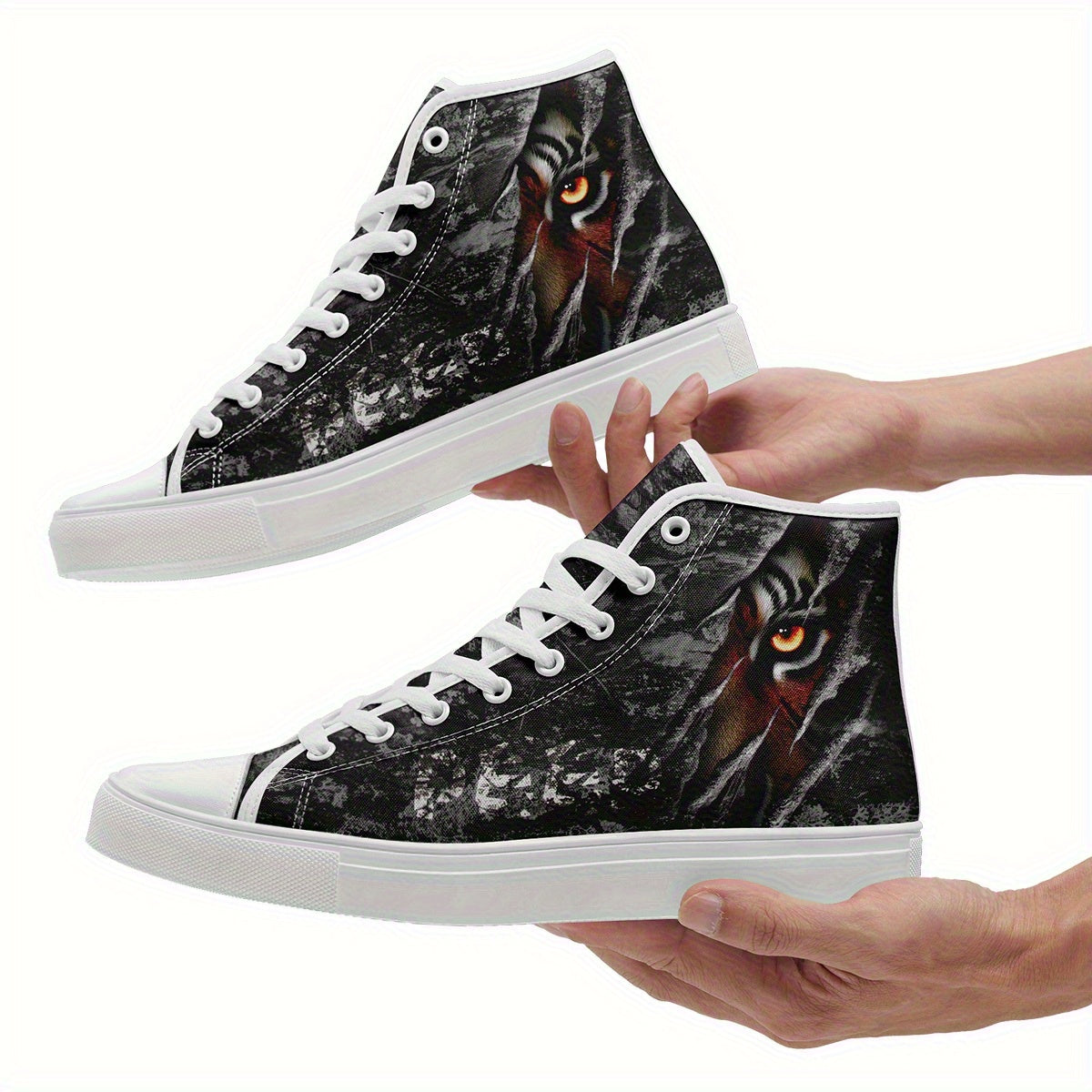 Men's Gothic Punk Sneakers - High-Top Shoes with Lace-Up Closure, Non-Slip Rubber Sole - All-Season Streetwear Footwear for Concerts, Parties, Everyday Edgy Fashion - Gothic Tiger-like Graphic Trainers, Casual Streetwear, Durable Traction Sole