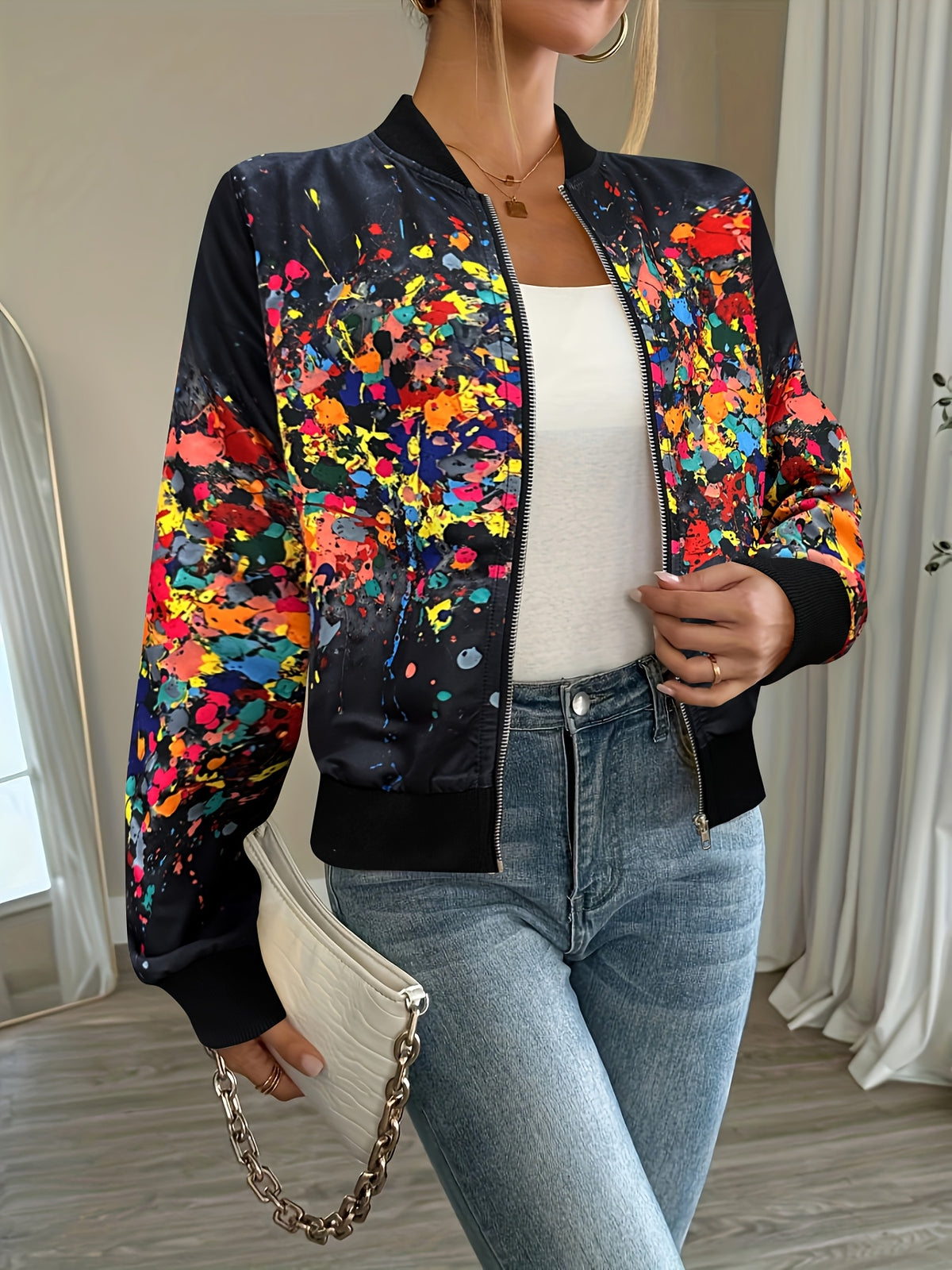 Women'S Lightweight Casual Jacket - Vibrant Tie-Dye Print, Stand Collar, Zip-Up, Long Sleeve, Perfect for Spring/Fall, Spring Jacket | Vibrant Print Jacket | Zippered Jacket