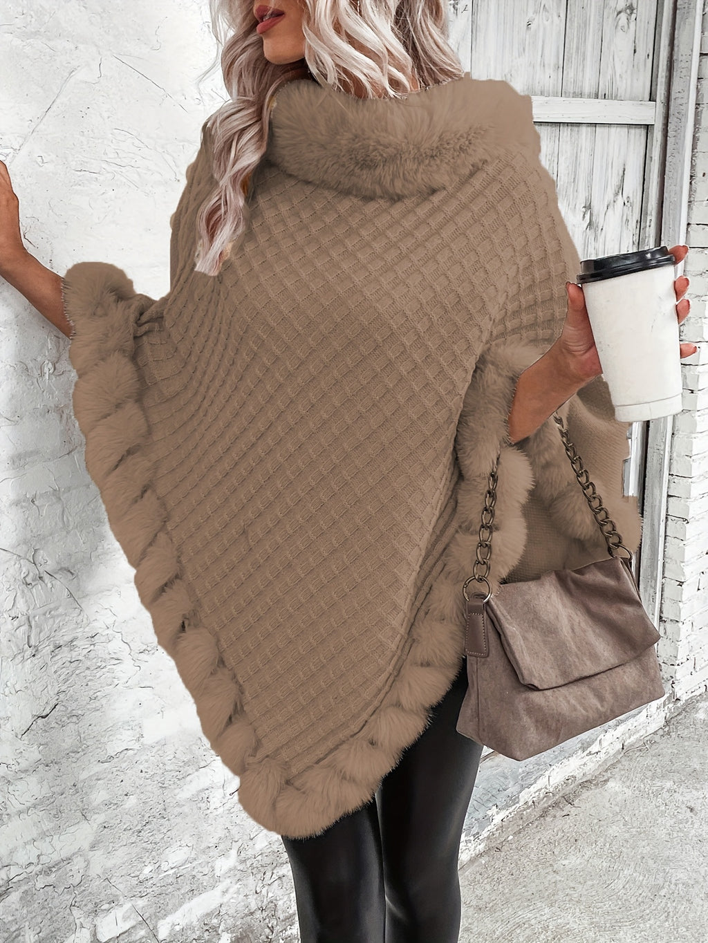 Women'S Elegant Faux Fur Collar Cape Coat - Soft Winter Coat with Plush Fur Trim, All-Season Chic Outerwear for Everyday & Formal Events