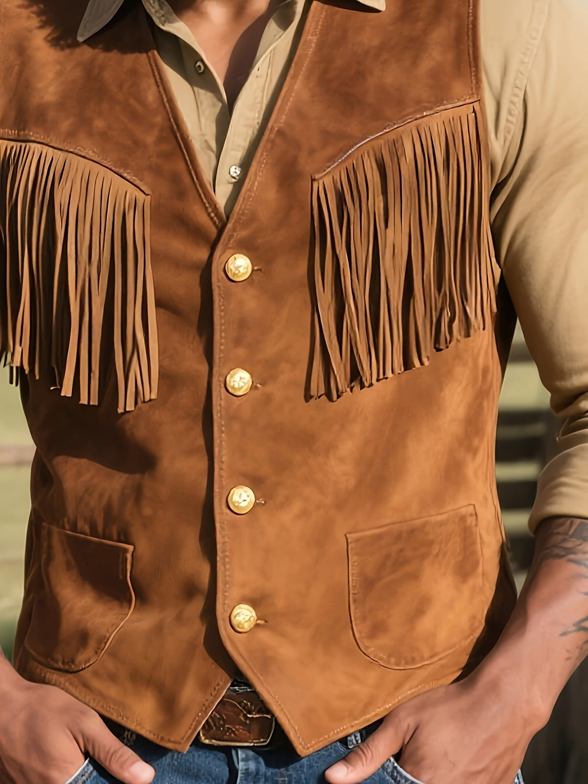 Men'S Vintage Fringed Western Faux Vest Jacket | Casual Style, Cardigan Collar, Solid Color, Short Length, No Lining.