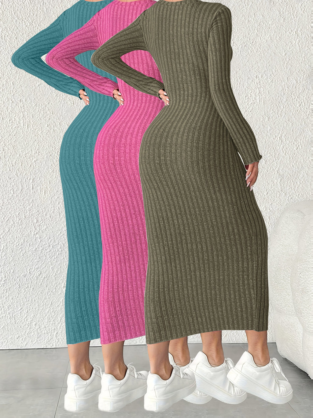3pcs Solid Color Long Sleeve Ribbed Pullover Dress for Women