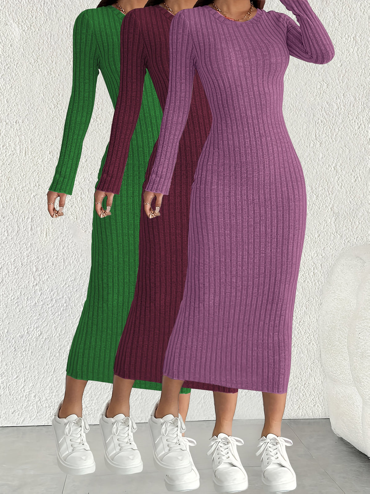 3pcs Solid Color Long Sleeve Ribbed Pullover Dress for Women