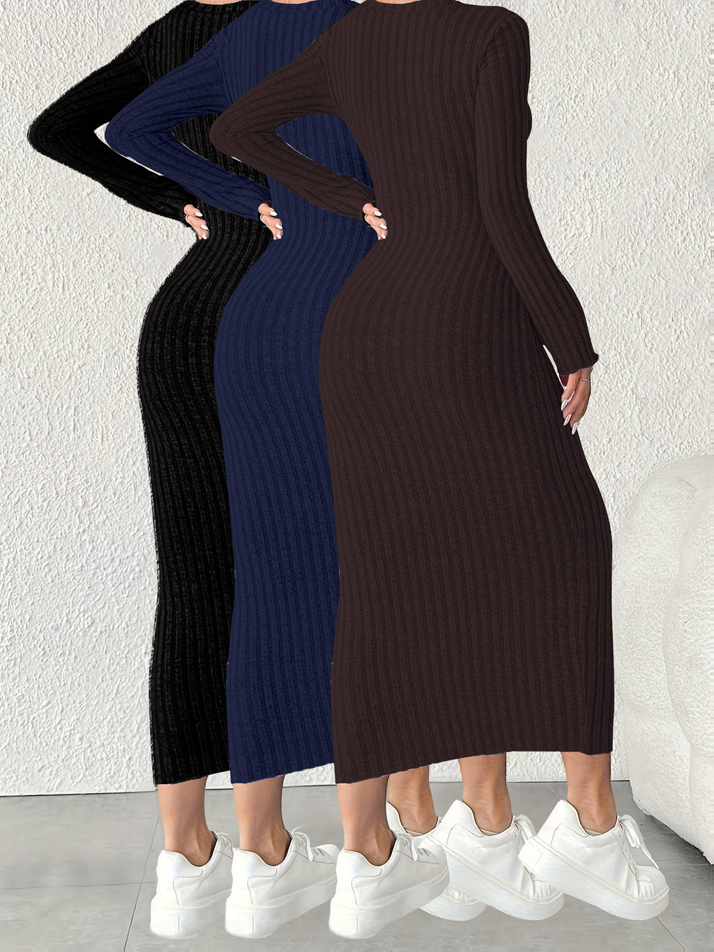 3pcs Solid Color Long Sleeve Ribbed Pullover Dress for Women