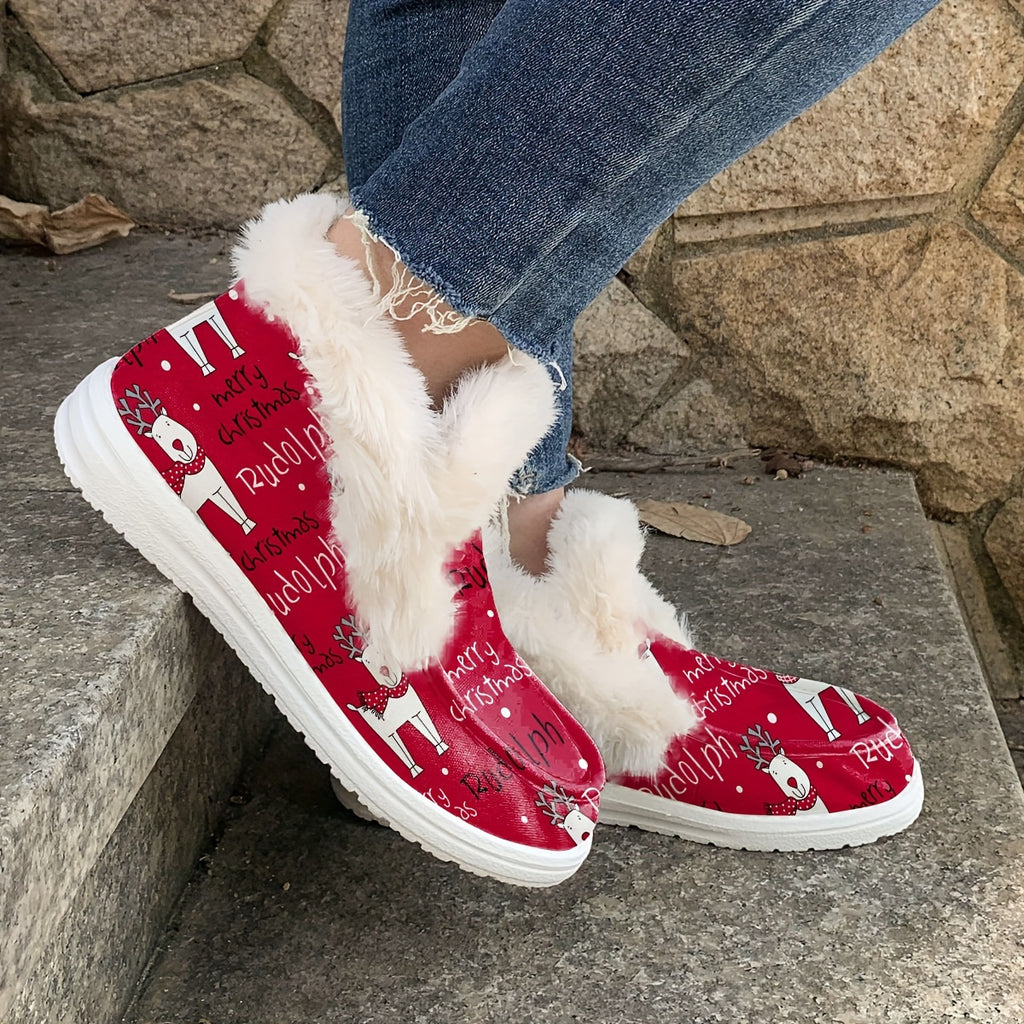 Christmas Autumn/Winter New Red Faux Fur Boots for Men and Women, Classic Style with Christmas Snowflake and Reindeer Gift Print, Warm, Comfortable, Lightweight, Soft-Sole Slip-On Flat Casual Shoes