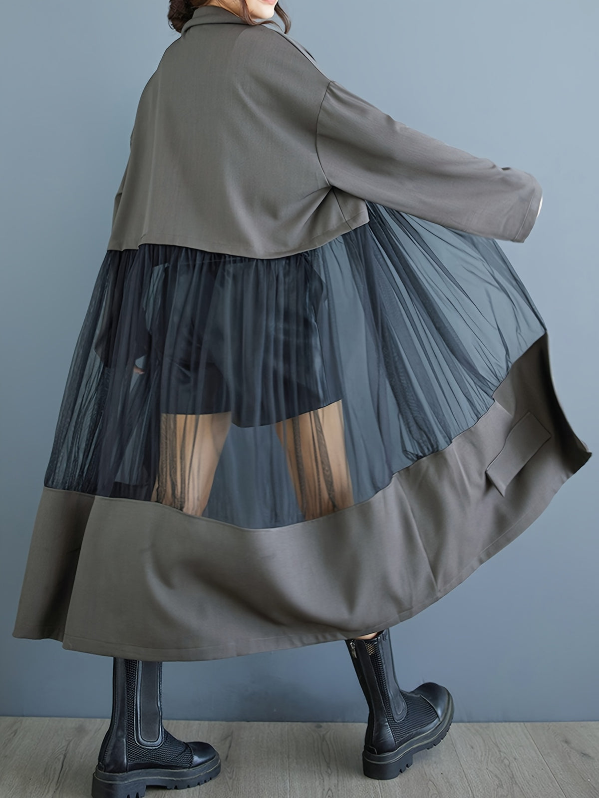 Medium-Long Stylish Spliced Suit Mesh Hollow Long-Sleeved Slim-Fit Jacket Retro Solid Color Outerwear Spliced Trench Coat