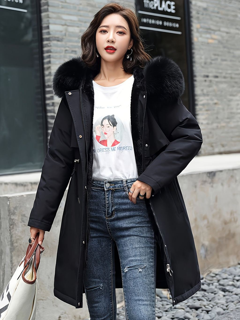 Winter New Mid-Length Fleece-Lined Vest Coat Trendy Women'S Coat Removable Collar